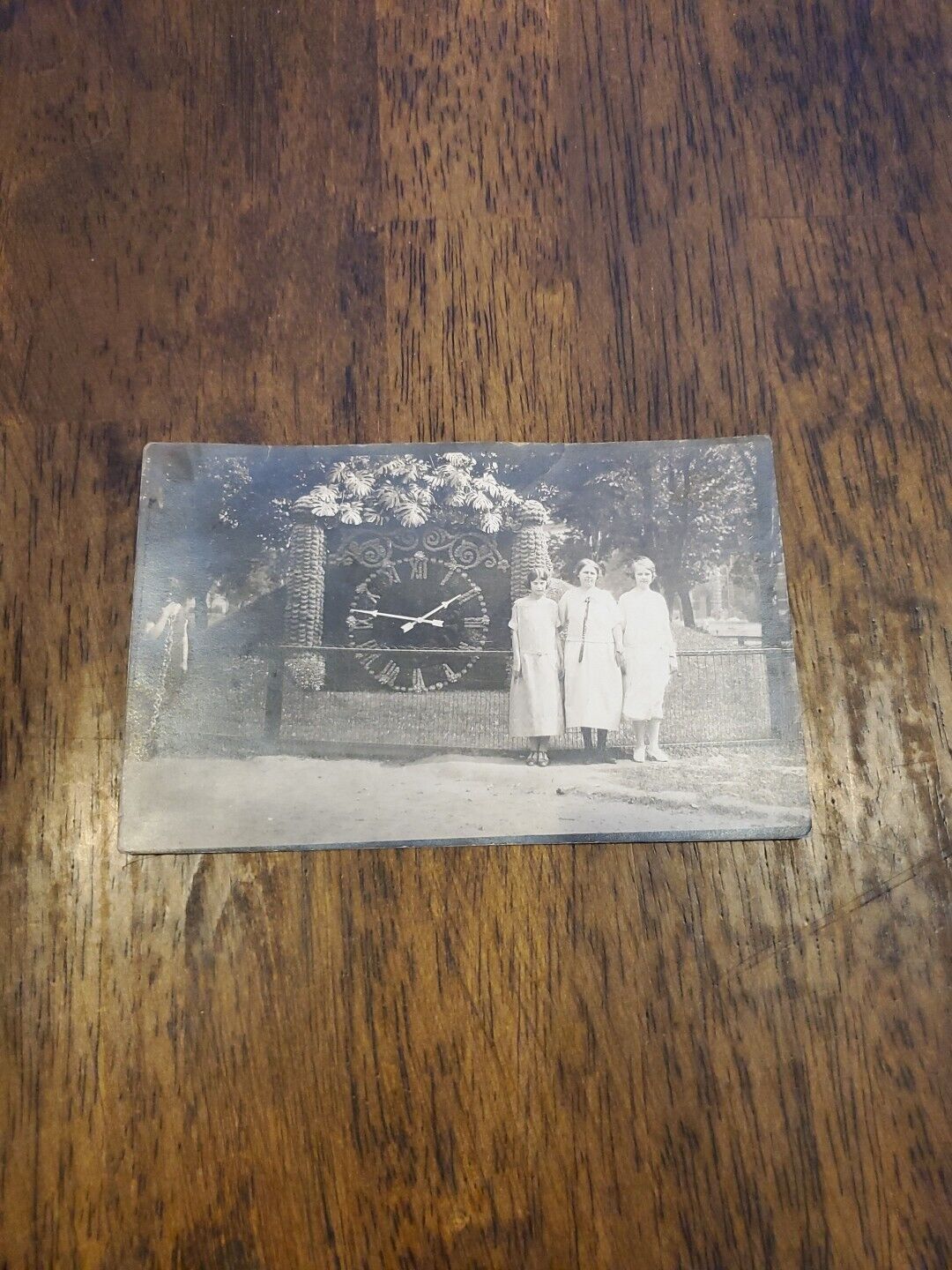 Antique 1900s Floral Clock with Women Photograph 5.5x 3.5in