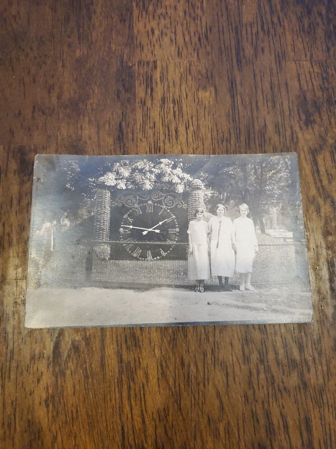 Antique 1900s Floral Clock with Women Photograph 5.5x 3.5in