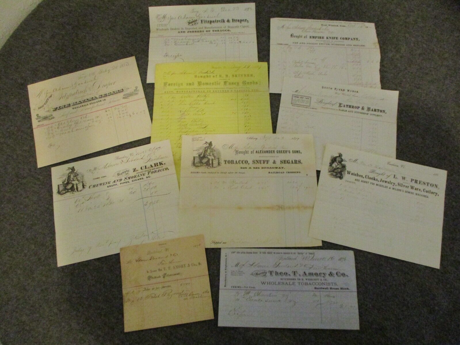 1800s antique lot: knives, clocks, jewelry, receipts, Indian logos