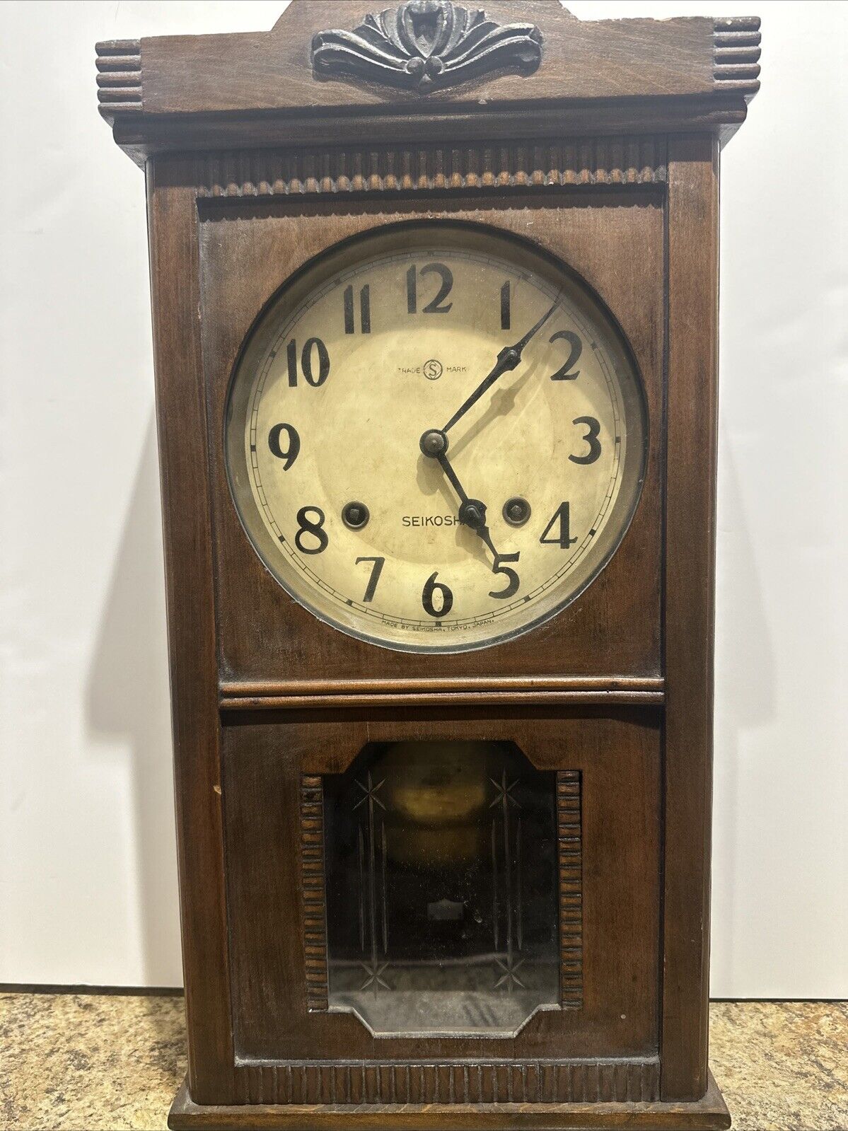1900s Tokyo Japan Vintage Seikosha Wooden Key Wind Wall Clock