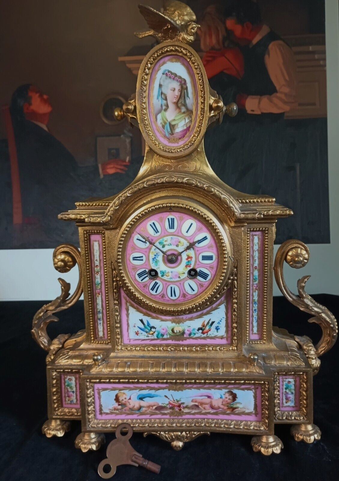 1800s Japy Freres Mantel Clock, Sevres Panels