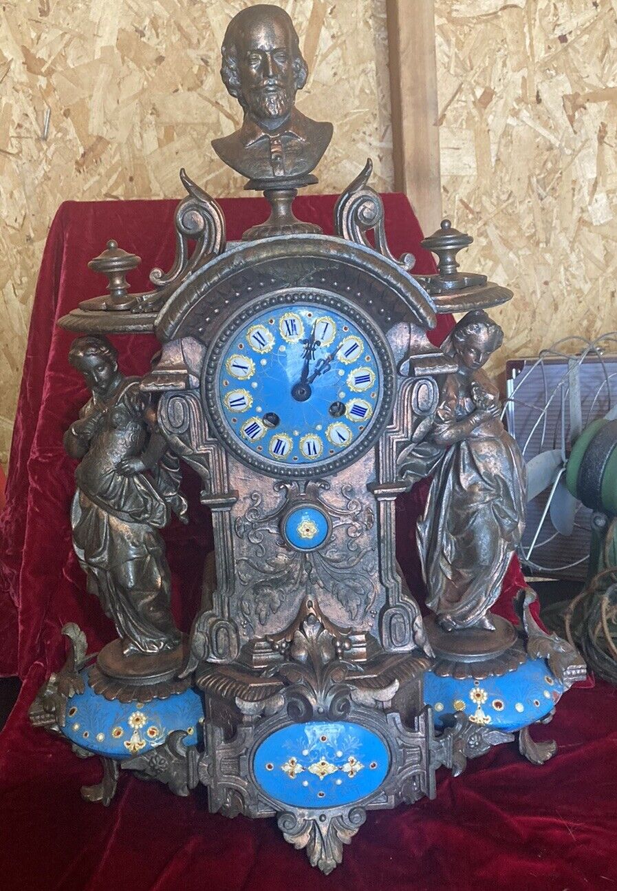 French Mantle Clock Antique 1800s Porcelain W/key