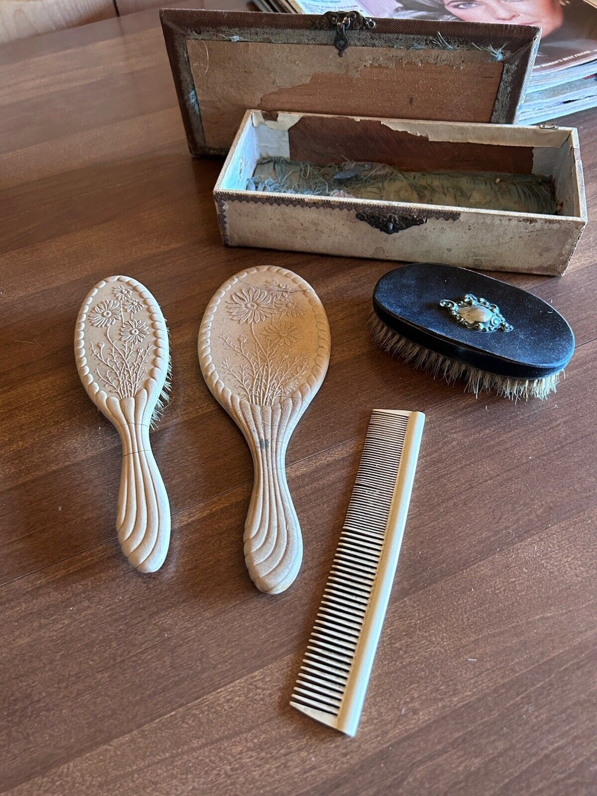 French Ivory Gutta Percha Vanity Set with Mirror, Hair Brush, Beard Brush, Comb