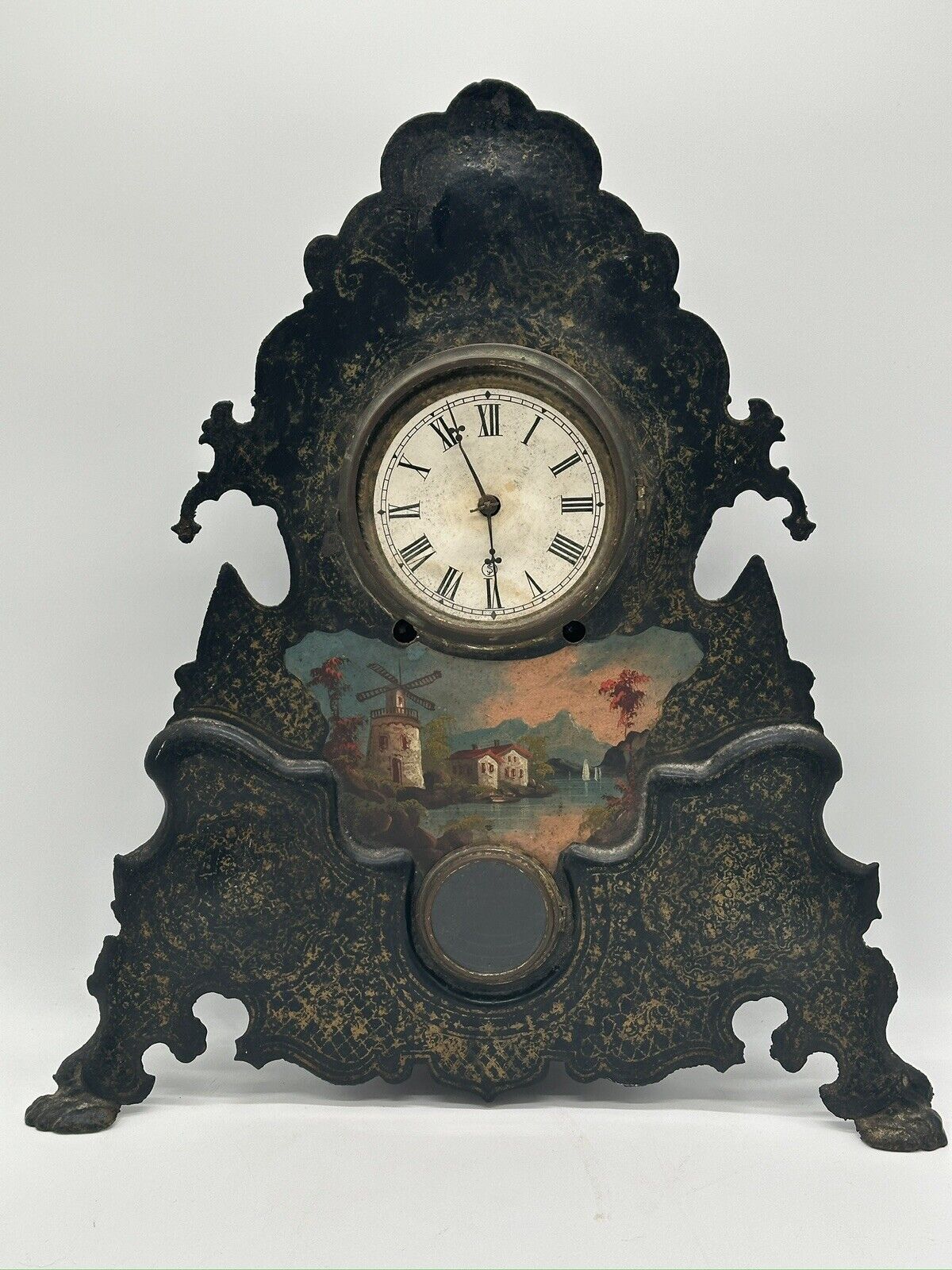 1800s American clock company cast iron mantle with gilt