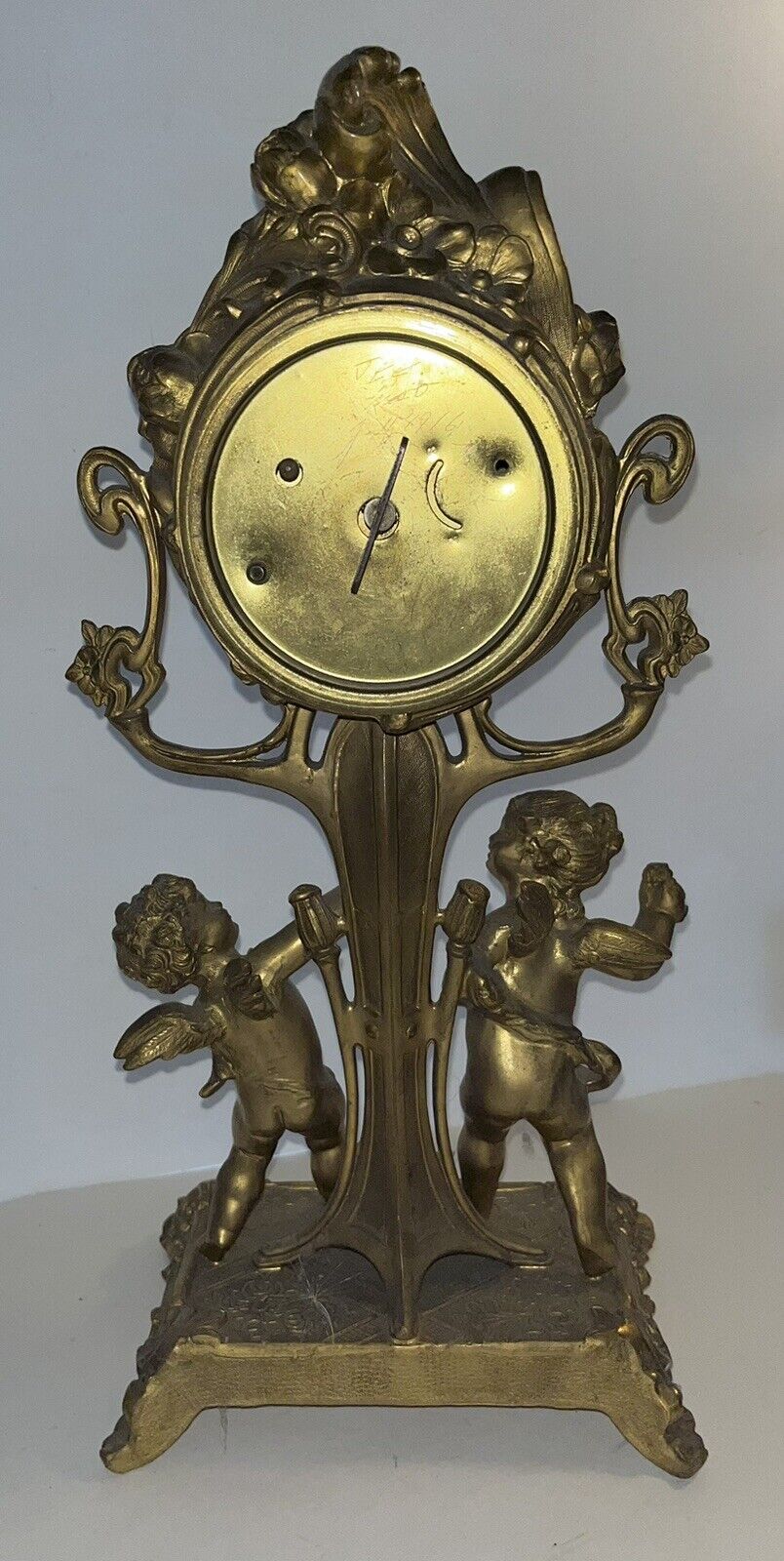 Art Nouveau Gilt Bronze Clock Figural Cherub Putti