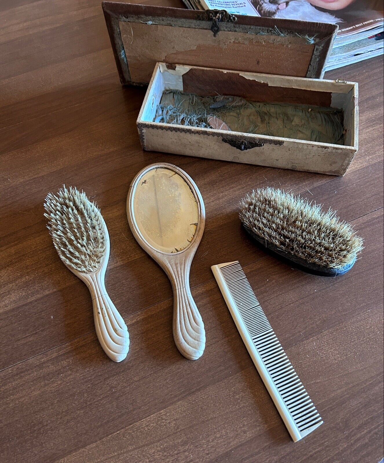 French Ivory Gutta Percha Vanity Set with Mirror, Hair Brush, Beard Brush, Comb