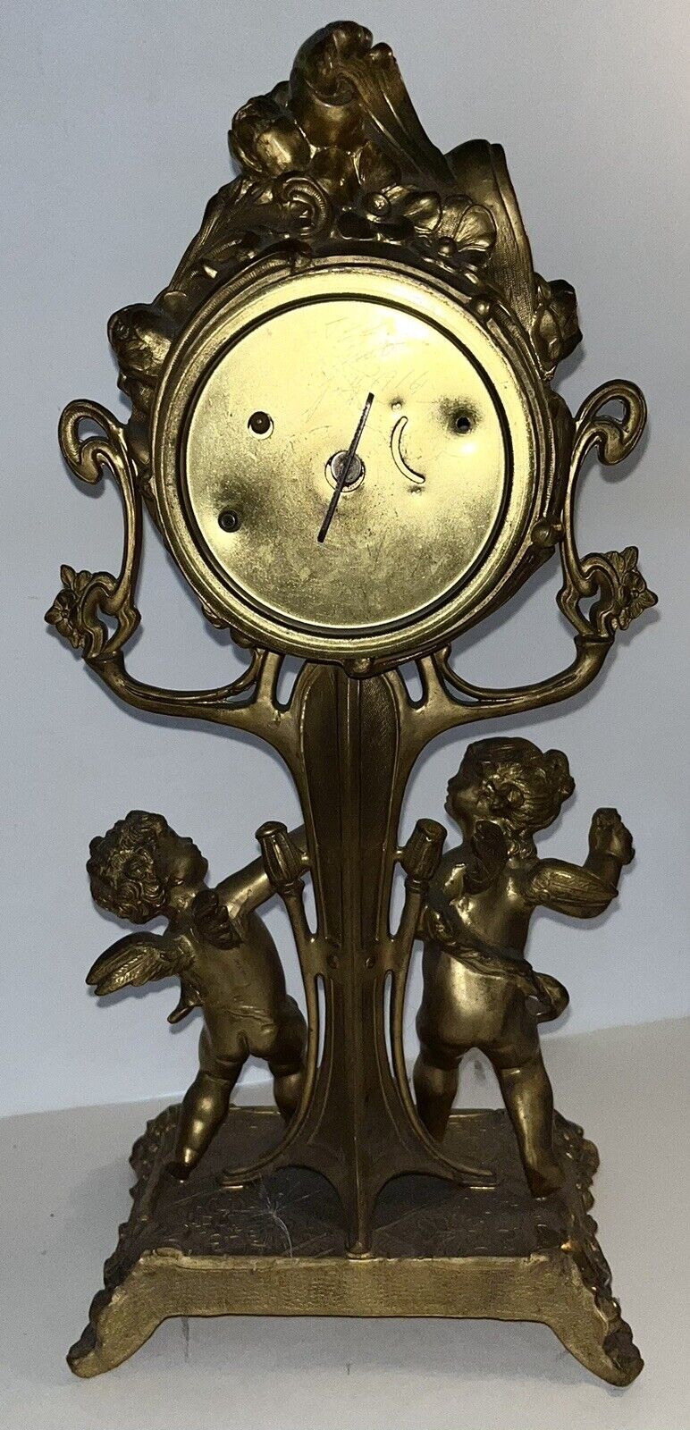 Art Nouveau Gilt Bronze Clock Figural Cherub Putti