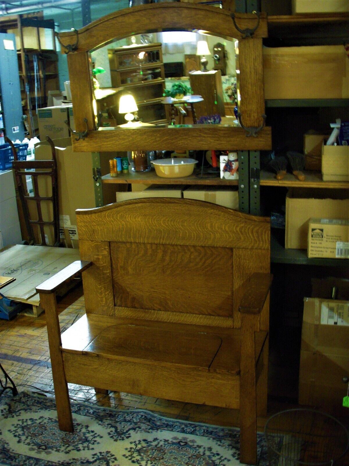 Refinished 1900s Oak Hall Bench Set with Mirror