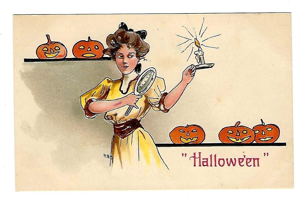 1900's Halloween Postcard Glamour Lady with Mirror and Pumpkins