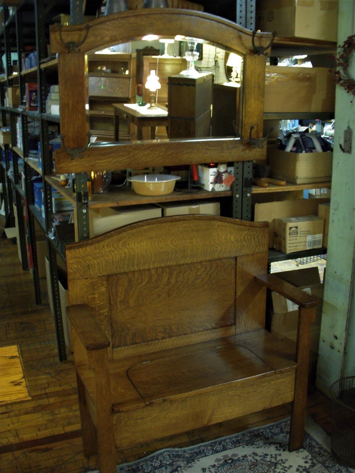 Refinished 1900s Oak Hall Bench Set with Mirror