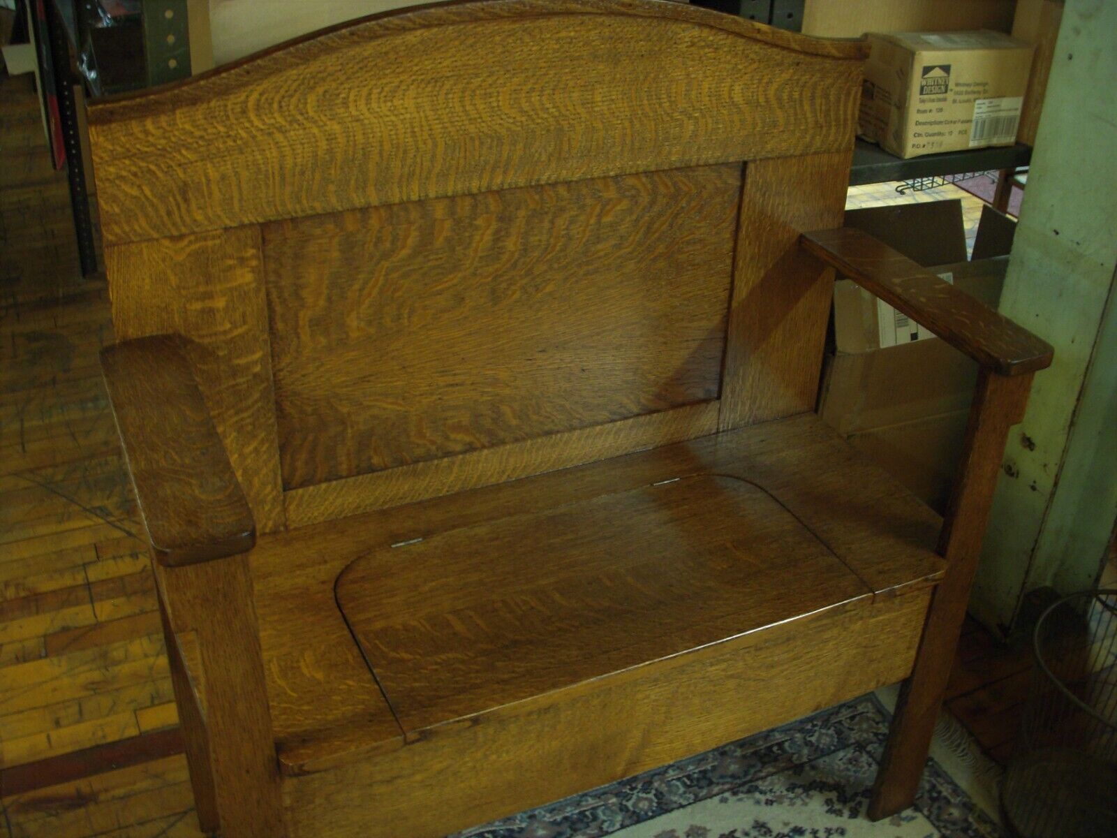 Refinished 1900s Oak Hall Bench Set with Mirror
