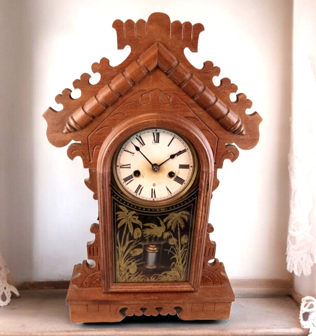 1800's E.N. WELCH Carved Oak Victorian Mantel Clock