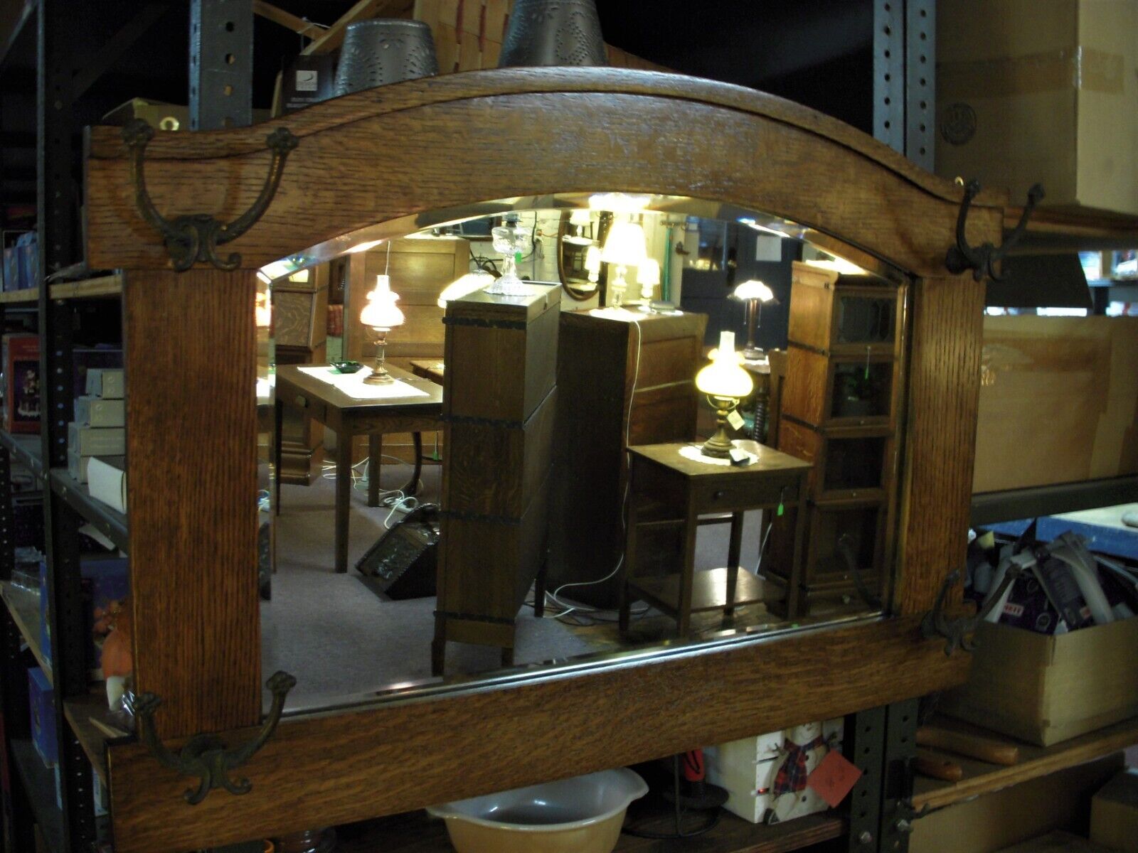 Refinished 1900s Oak Hall Bench Set with Mirror