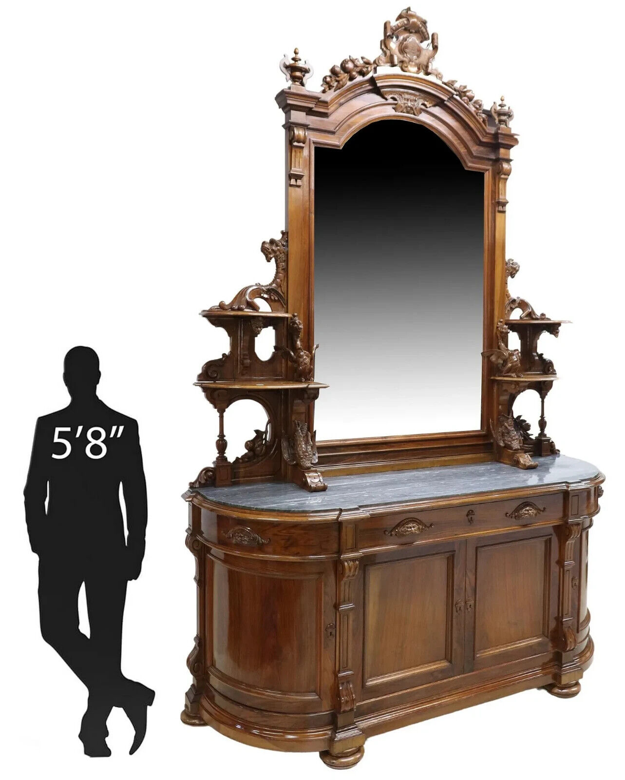 Monumental Mirrored Carved Wood Renaissance Revival Sideboard