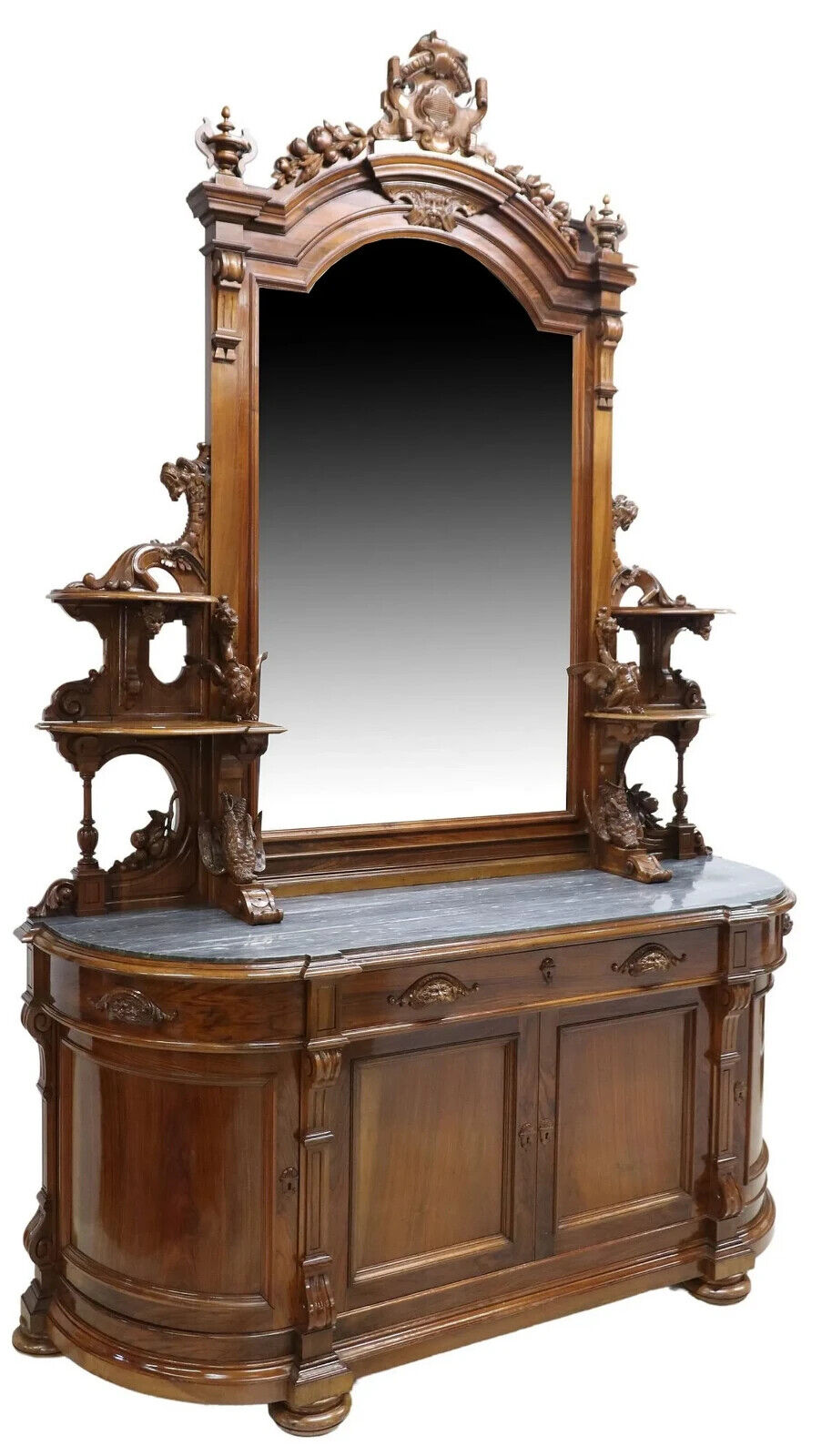 Monumental Mirrored Carved Wood Renaissance Revival Sideboard