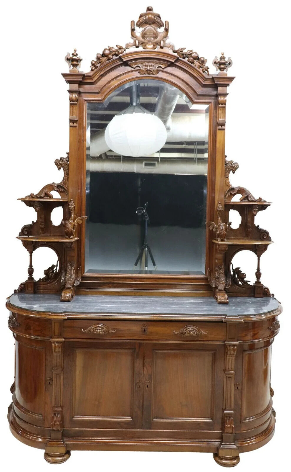Monumental Mirrored Carved Wood Renaissance Revival Sideboard