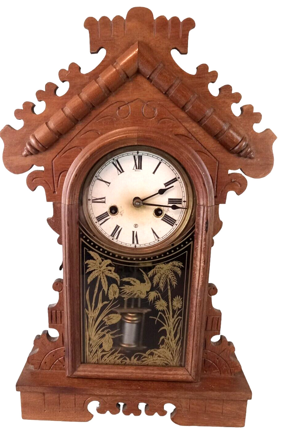 1800's E.N. WELCH Carved Oak Victorian Mantel Clock