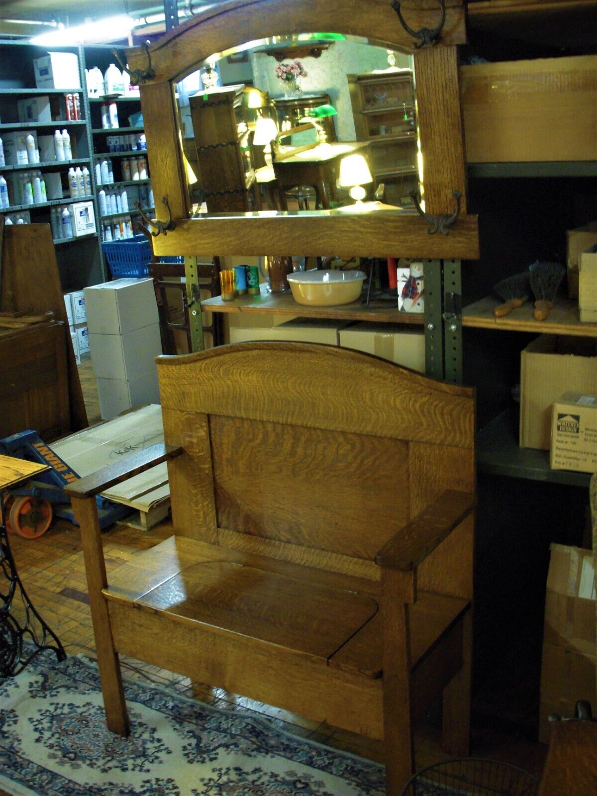 Refinished 1900s Oak Hall Bench Set with Mirror