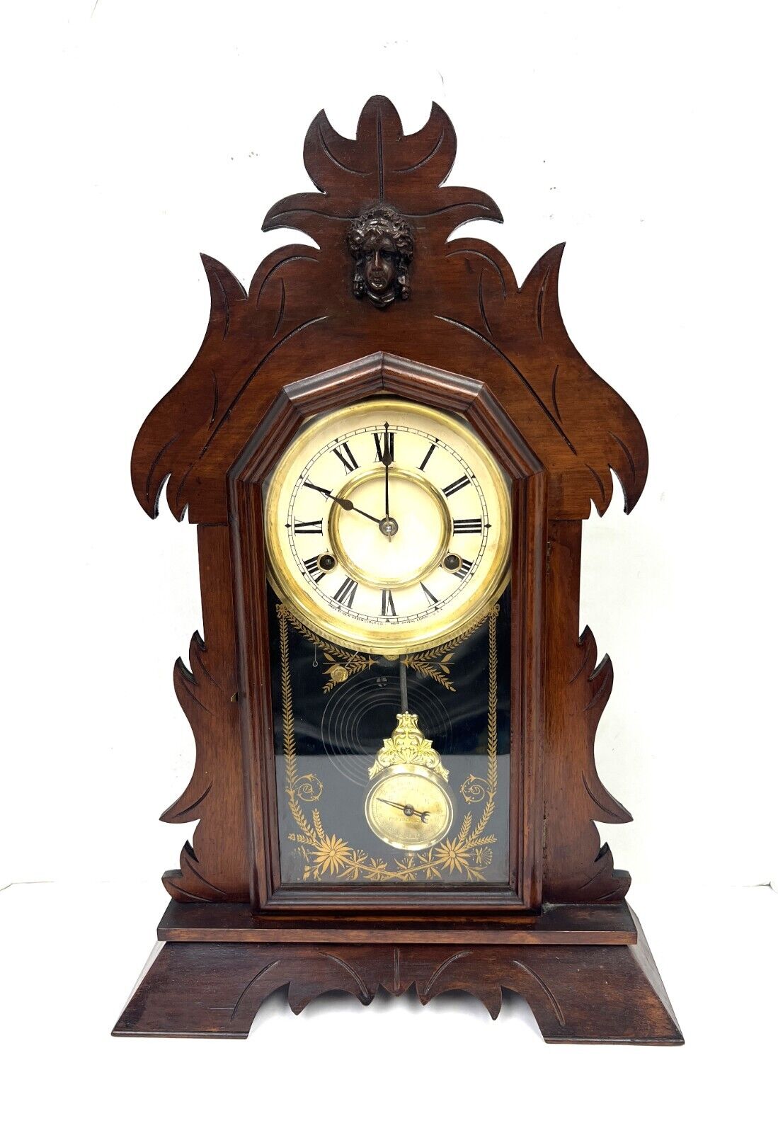 1800s Walnut Wood Working New Haven Mantel Clock
