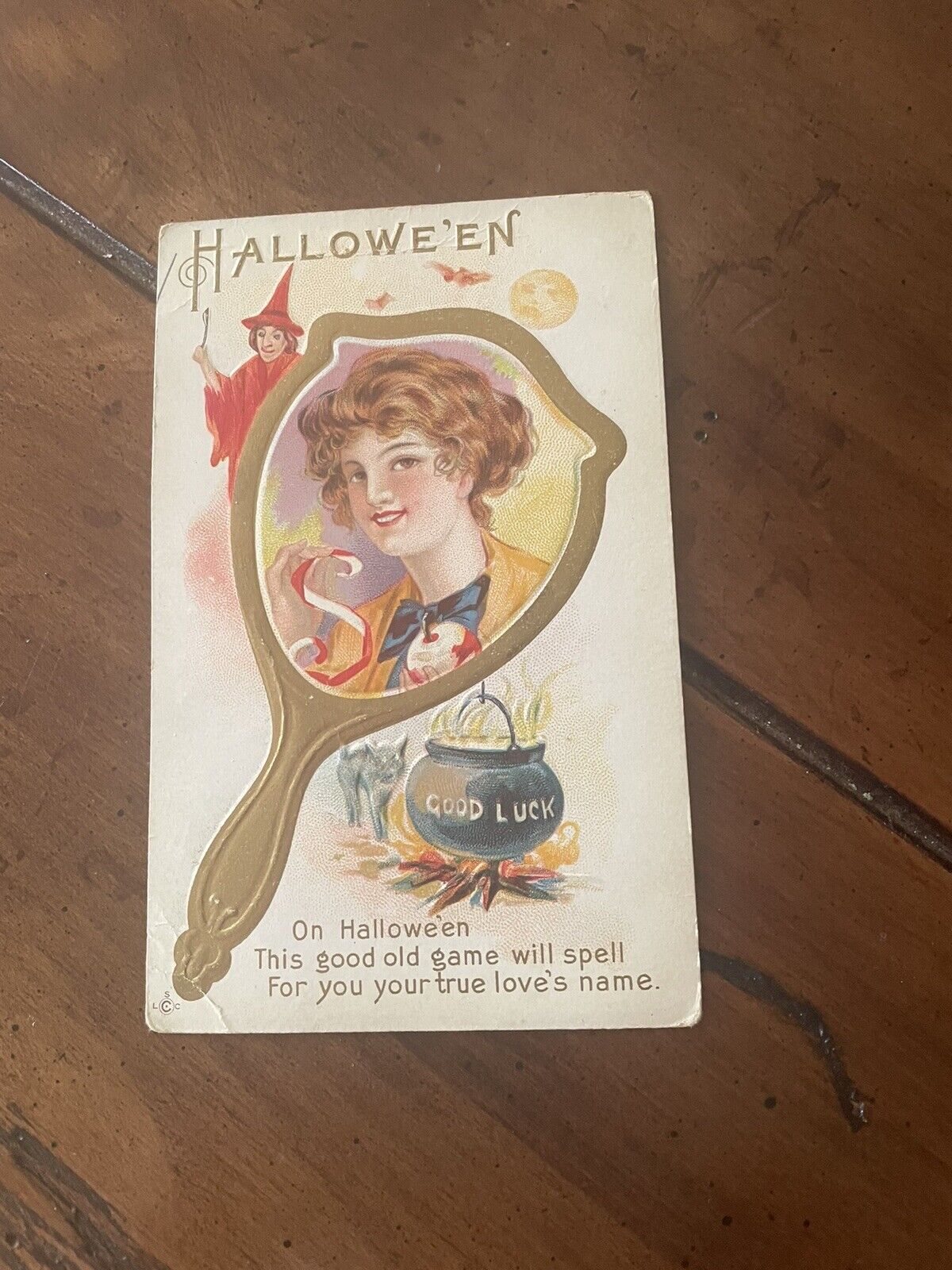 Vintage Halloween Postcard Witch Black Cat Mirror Early 1900's