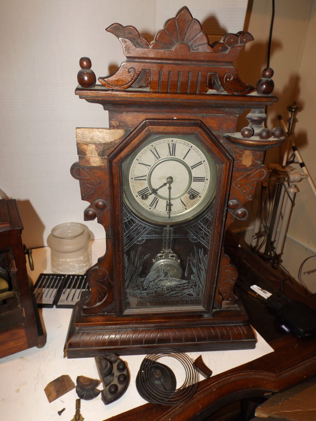 Waterbury 1800s Eastlake Mantle Clock, Walnut, Carved Antique