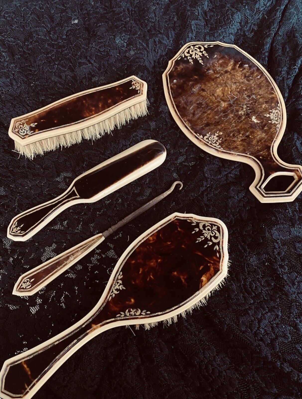 Early 1900s 5-Piece Celluloid Vanity Set Mirror/Brush Set