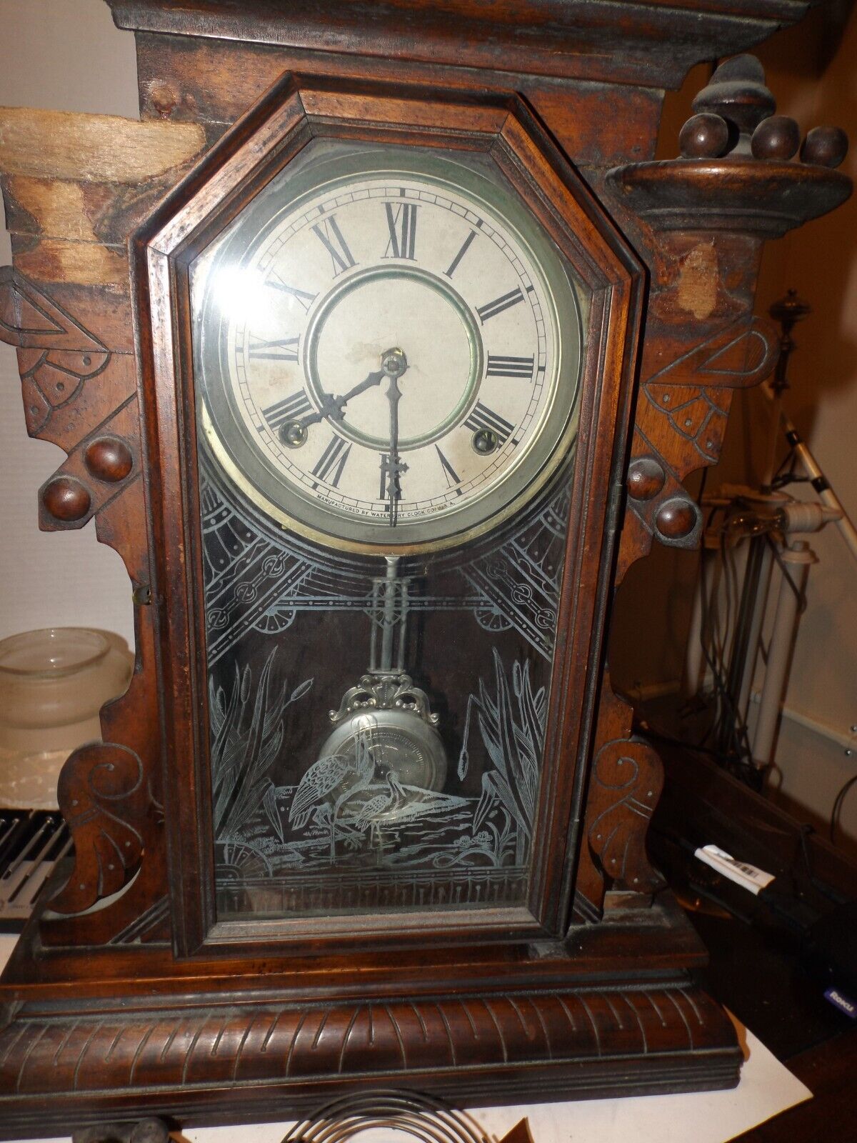 Waterbury 1800s Eastlake Mantle Clock, Walnut, Carved Antique