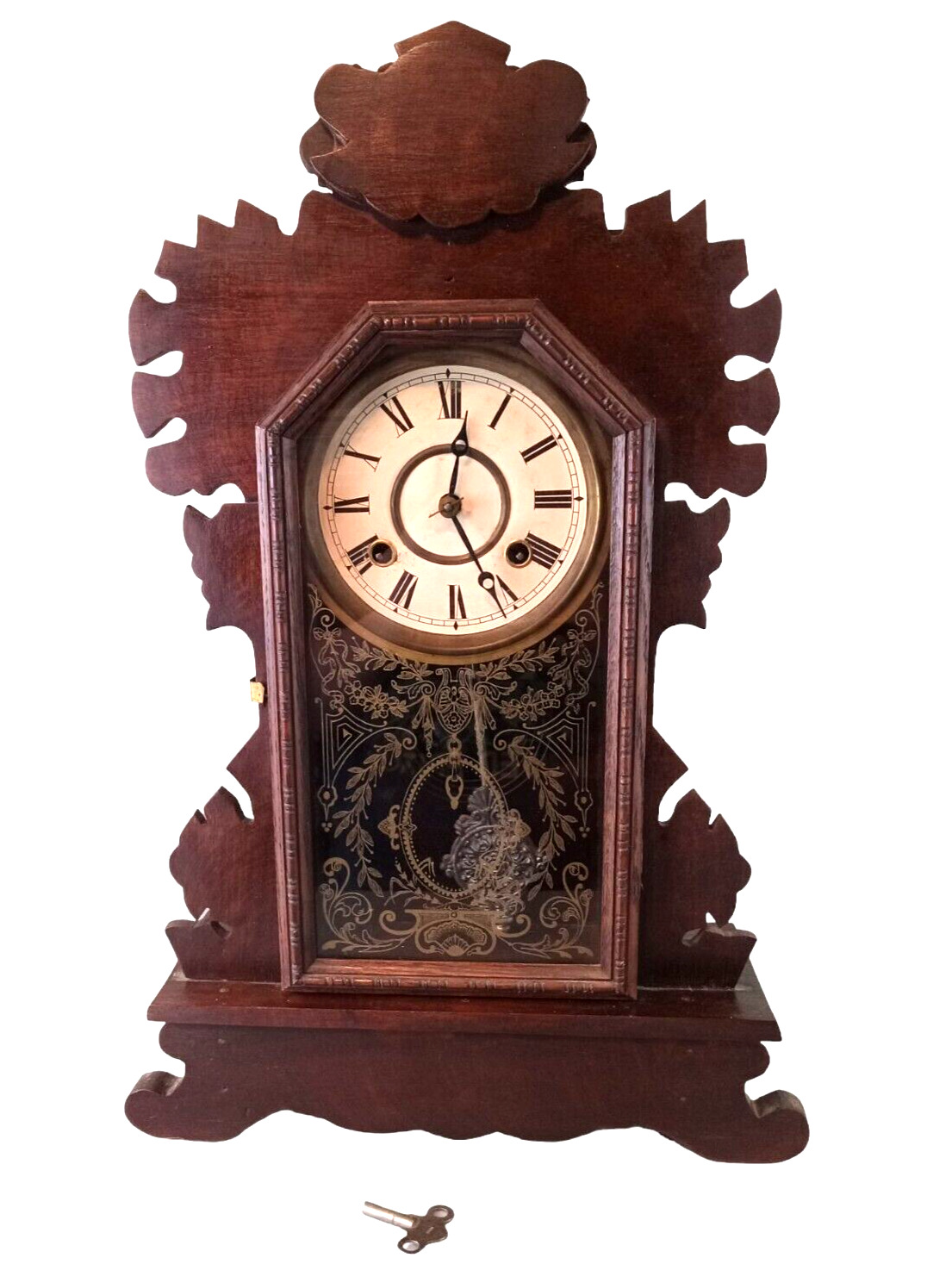 1800's Waterbury Dark Oak Victorian Mantel Clock - Working