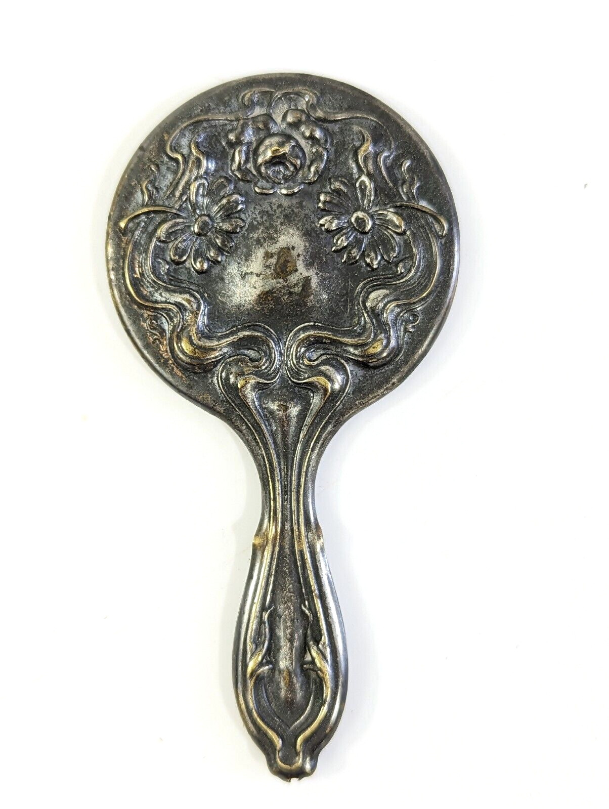Antique Art Nouveau Silver Pocket Mirror - 4”