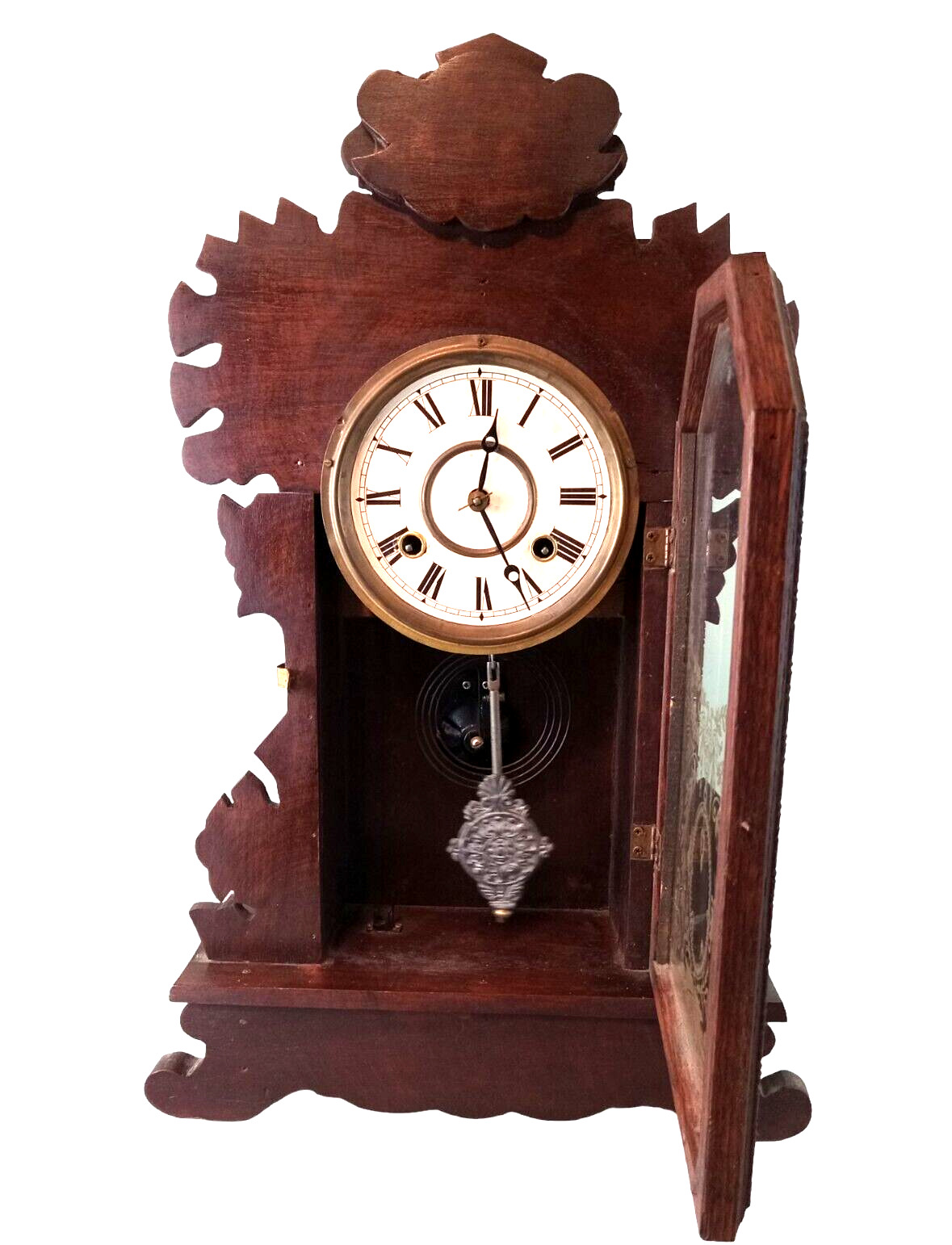 1800's Waterbury Dark Oak Victorian Mantel Clock - Working