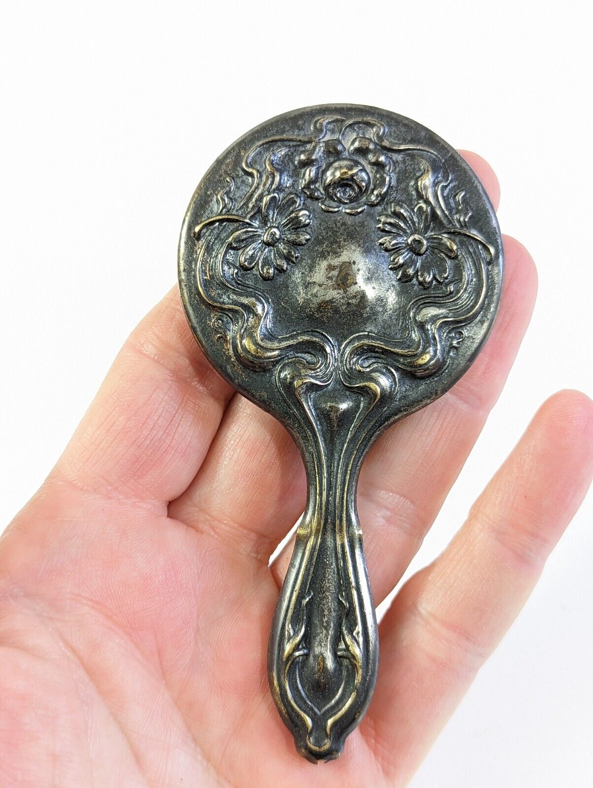 Antique Art Nouveau Silver Pocket Mirror - 4”