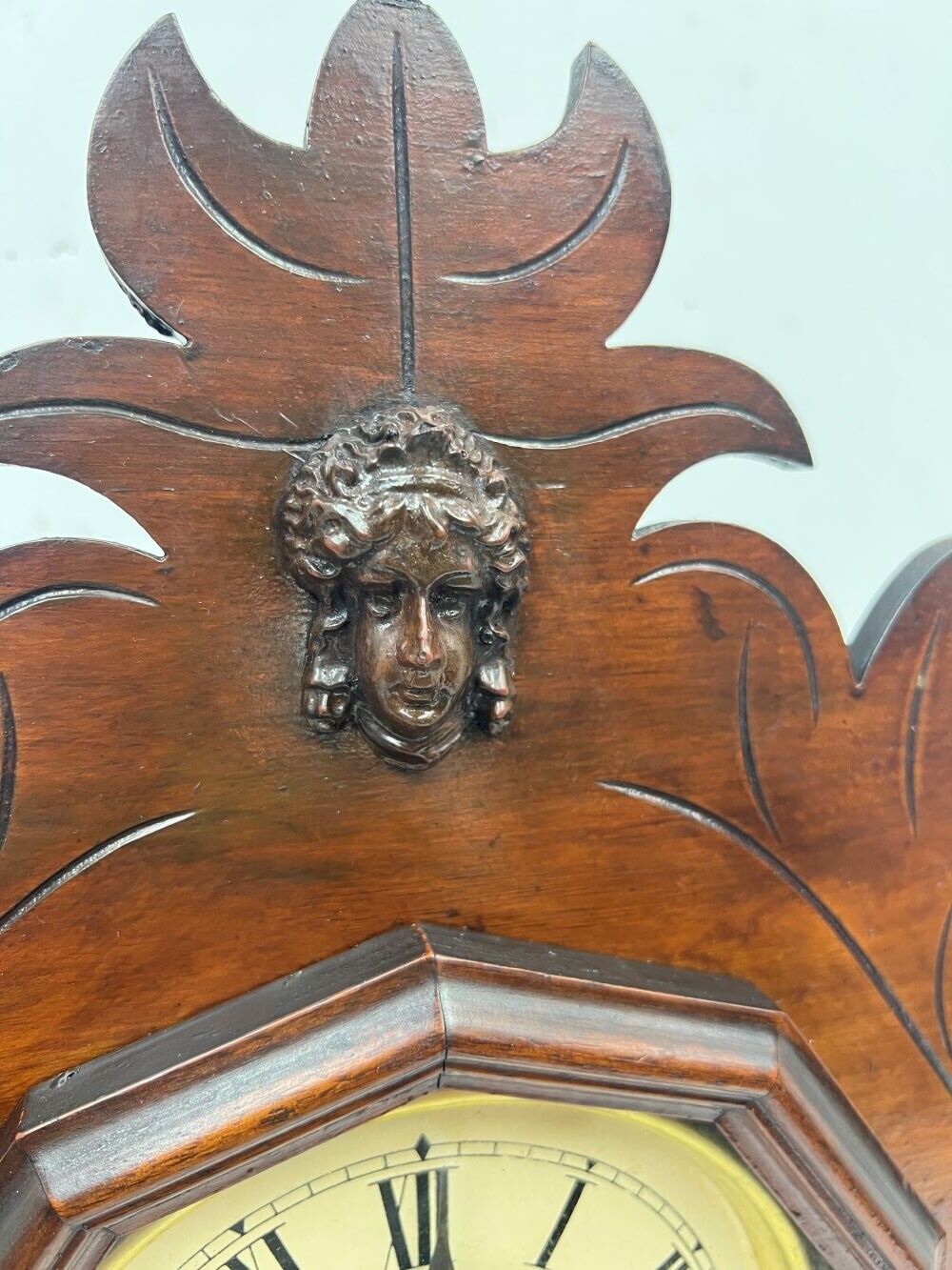 1800s Walnut Wood Working New Haven Mantel Clock