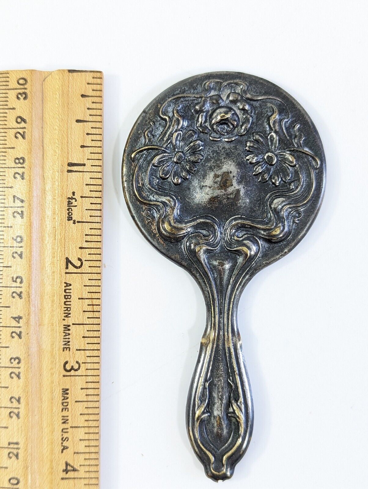 Antique Art Nouveau Silver Pocket Mirror - 4”