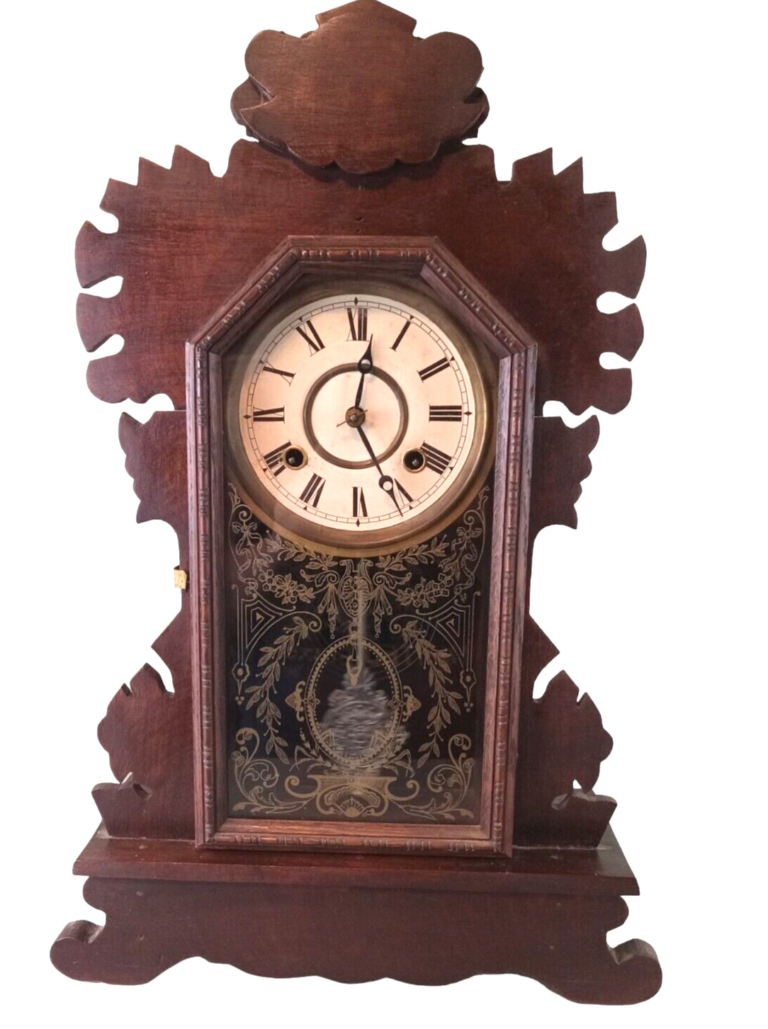 1800's Waterbury Dark Oak Victorian Mantel Clock - Working