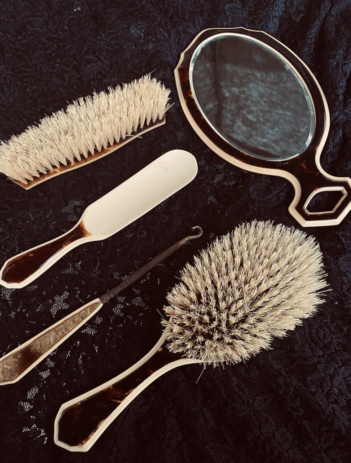 Early 1900s 5-Piece Celluloid Vanity Set Mirror/Brush Set