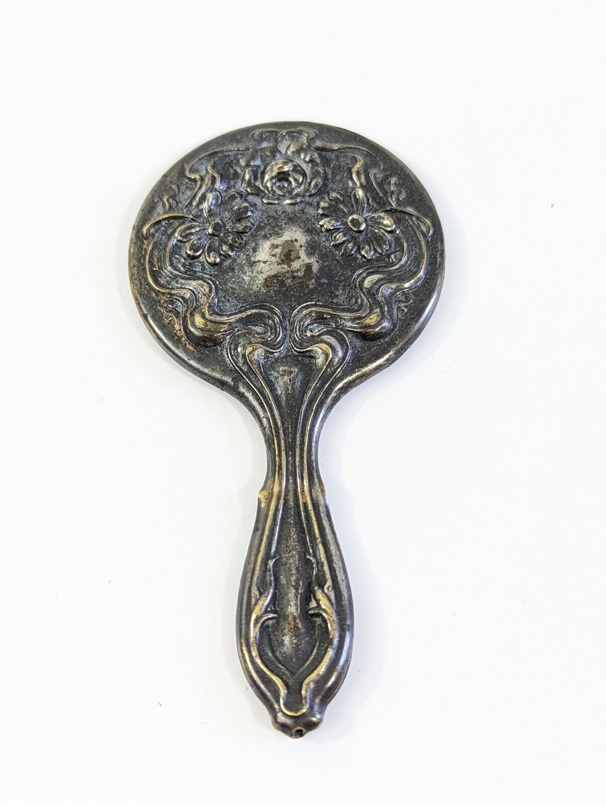 Antique Art Nouveau Silver Pocket Mirror - 4”