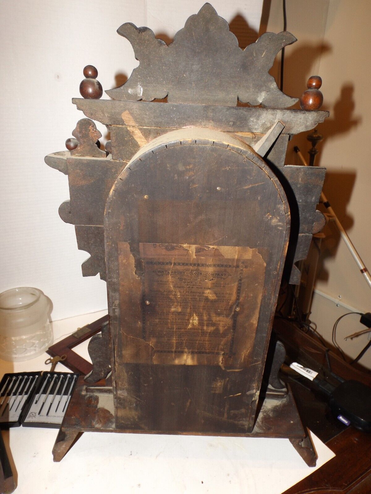 Waterbury 1800s Eastlake Mantle Clock, Walnut, Carved Antique