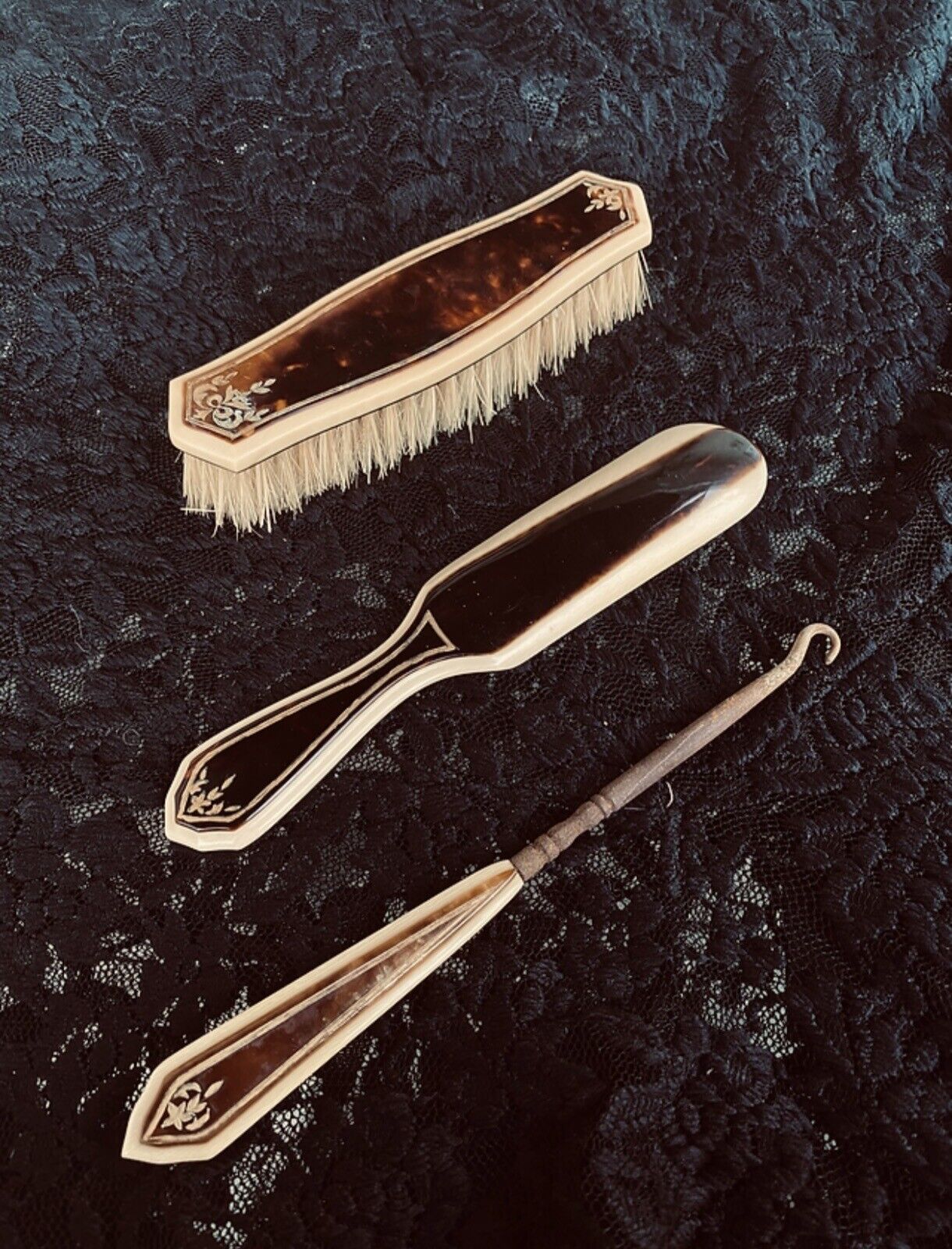 Early 1900s 5-Piece Celluloid Vanity Set Mirror/Brush Set