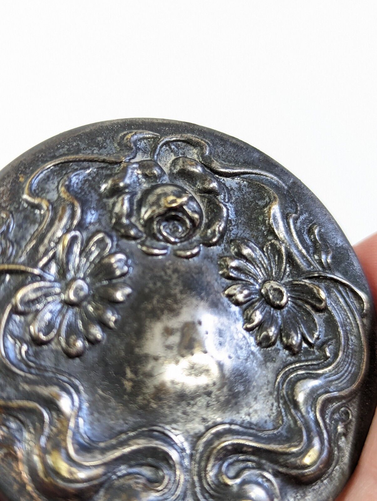 Antique Art Nouveau Silver Pocket Mirror - 4”