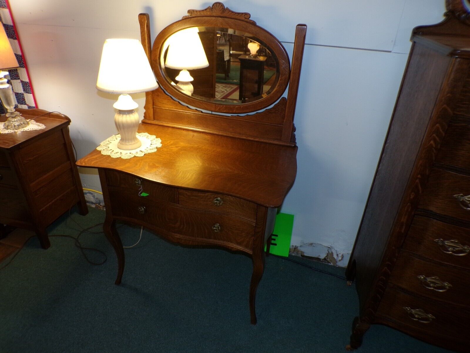 1900's Antique Oak Dresser Vanity with Beveled Mirror