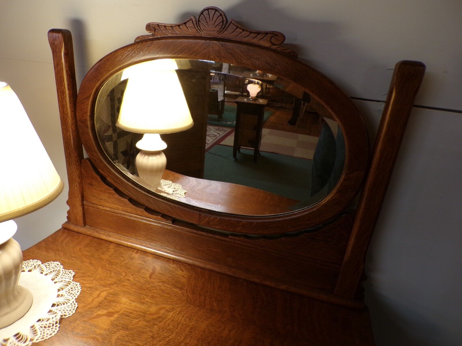1900's Antique Oak Dresser Vanity with Beveled Mirror