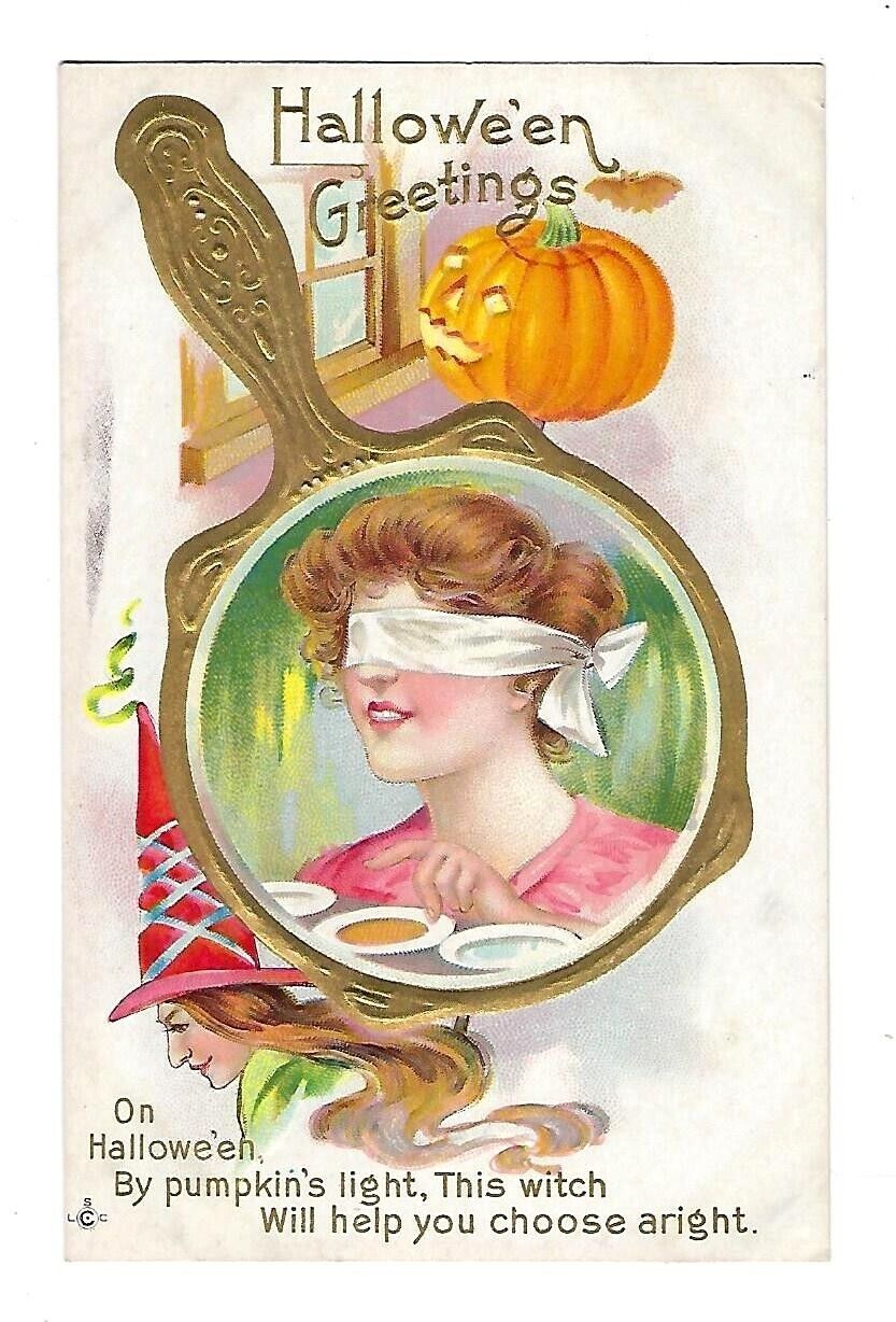 Antique Halloween Postcard Witch, Pumpkin, Mirror - 1900's
