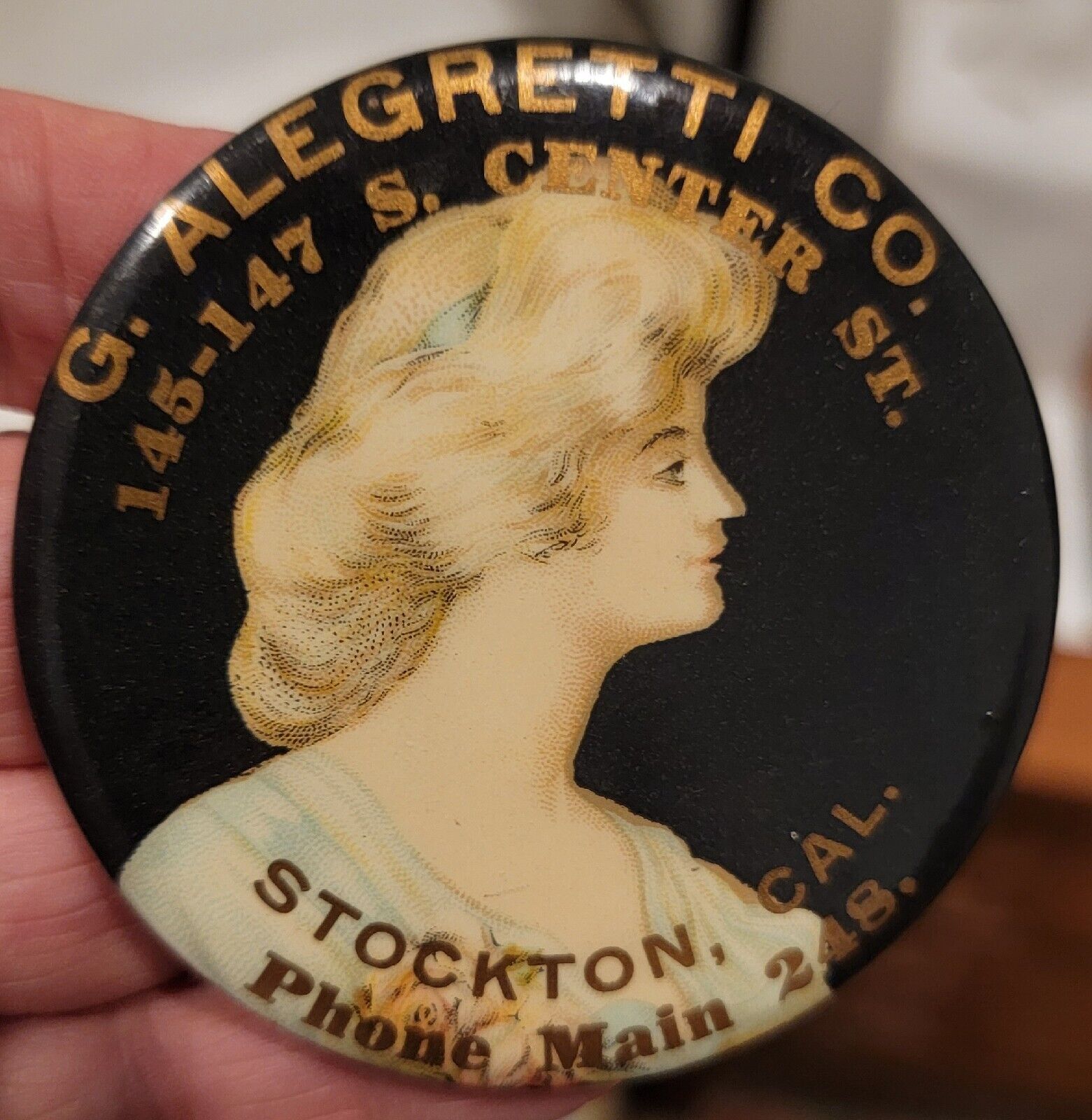 1900's STOCKTON, CALIFORNIA Alegretti Pocket Advertising Mirror