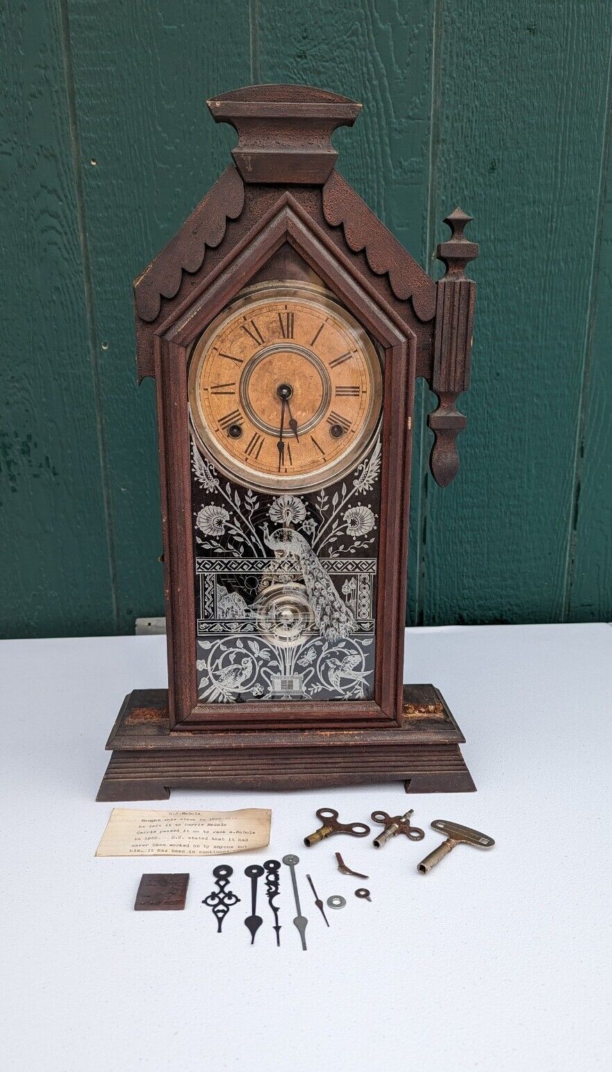 1800s Carved Gong Chimes Mantel Clock with Extras