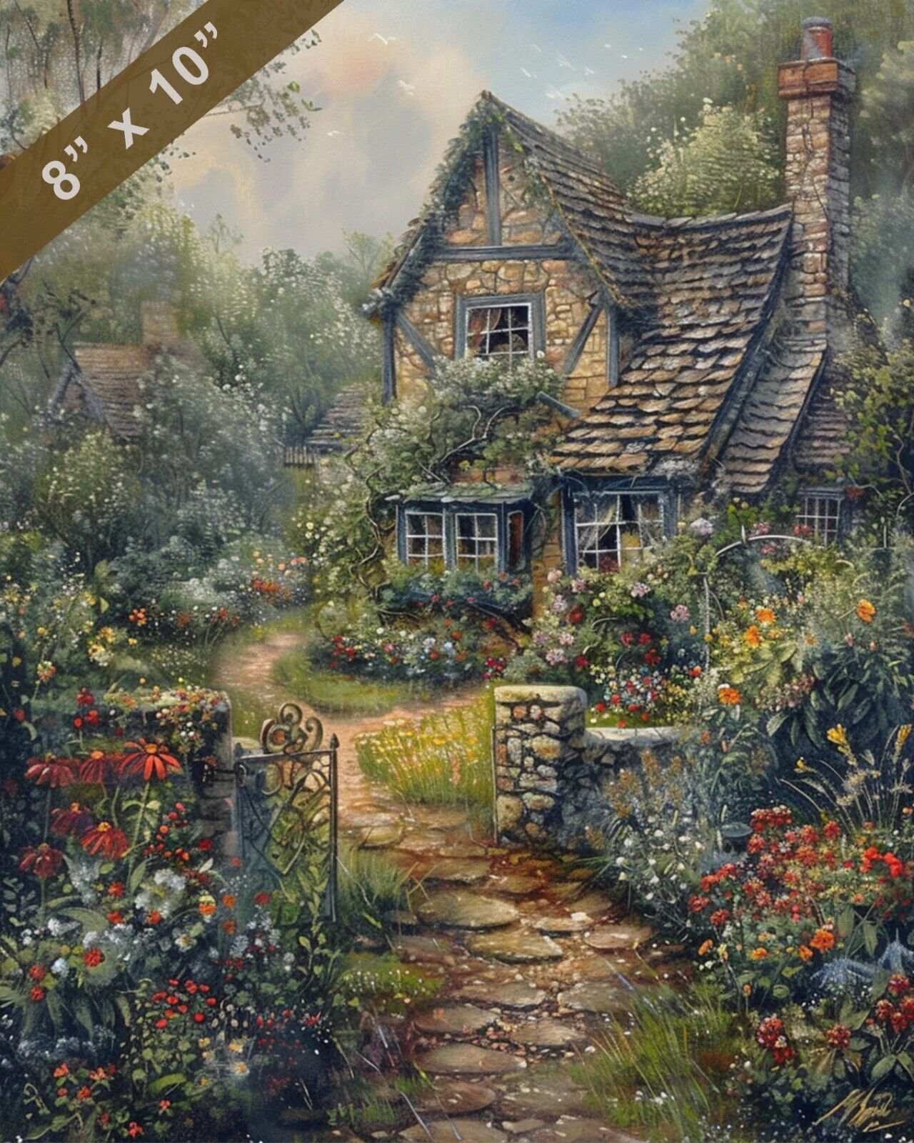 1800s Cottage & Garden Scene Antique Print, 8x10