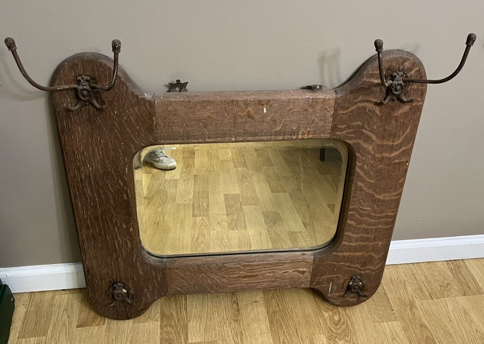 1900s Antique Oak Framed Hall Mirror with Hat Hooks