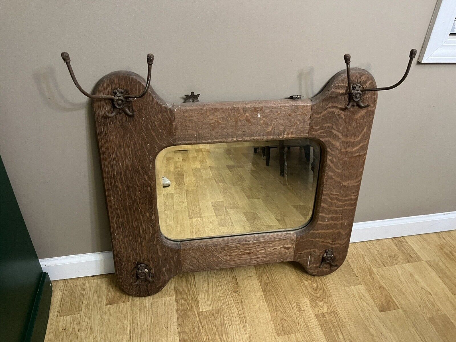 1900s Antique Oak Framed Hall Mirror with Hat Hooks