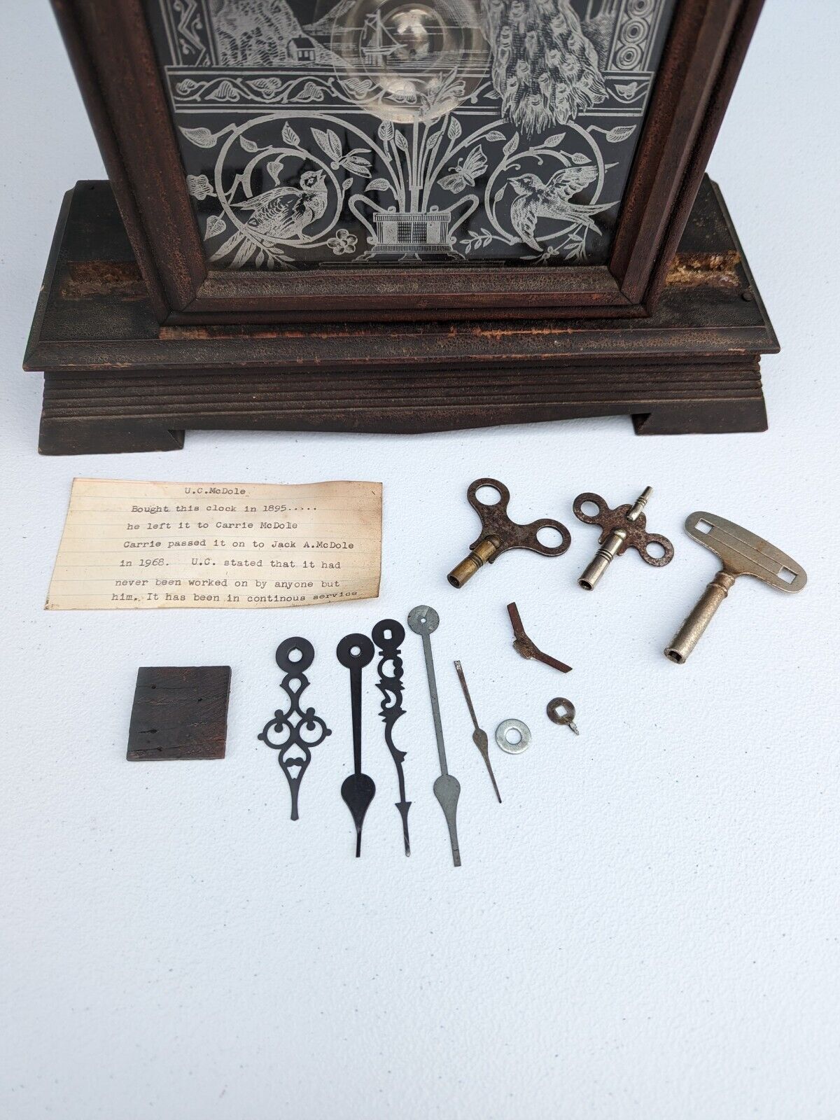 1800s Carved Gong Chimes Mantel Clock with Extras