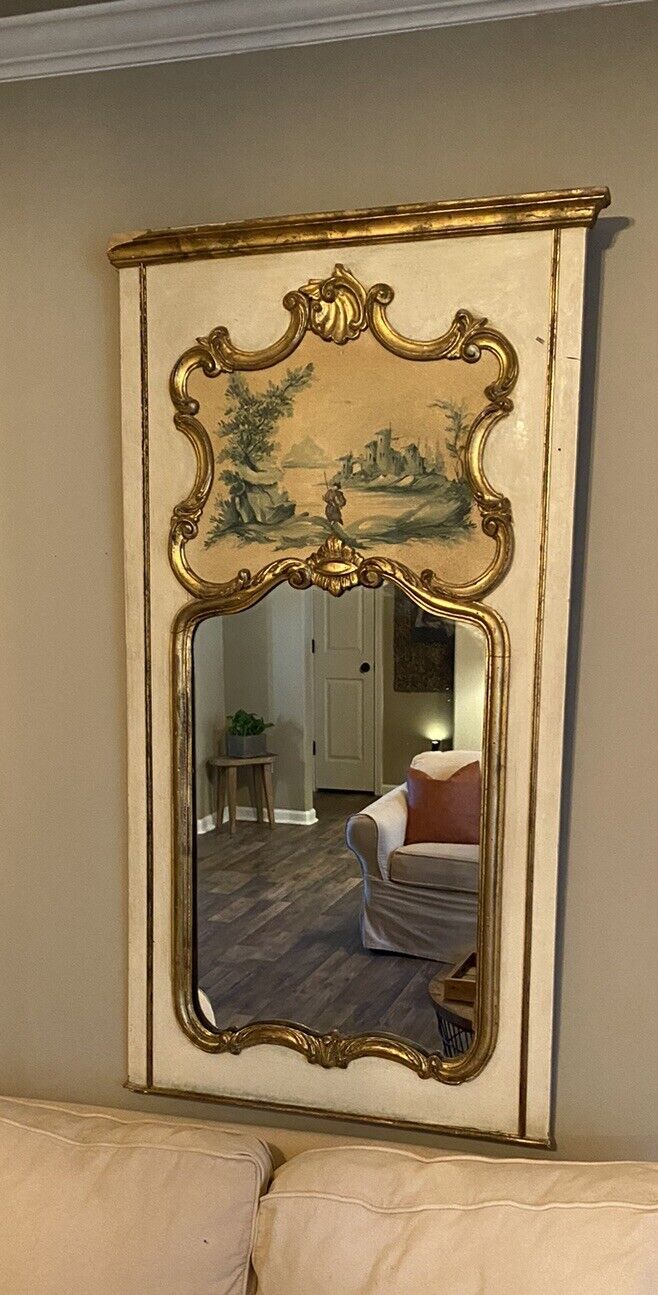French Painted Trumeau Wall Fireplace Mirror Hand-Painted Gilt