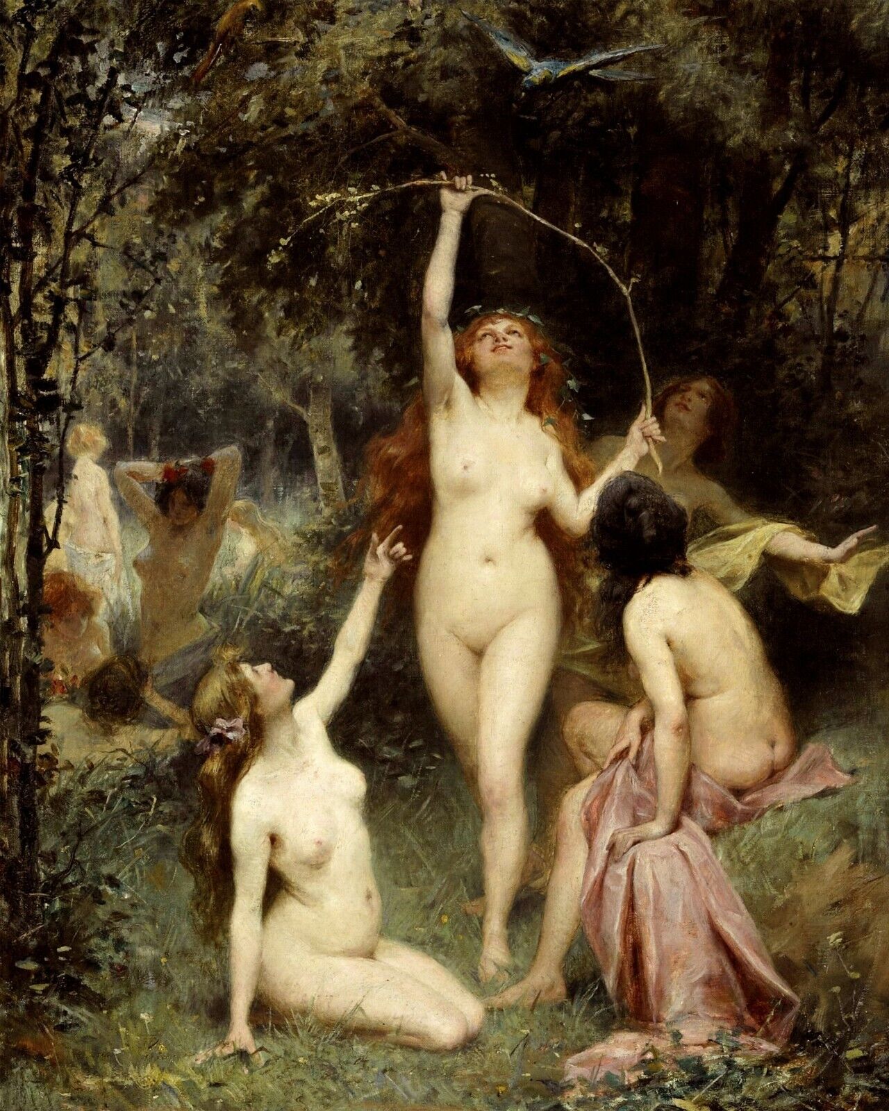 1800s Nymphs Forest Vintage Painting Giclee Print